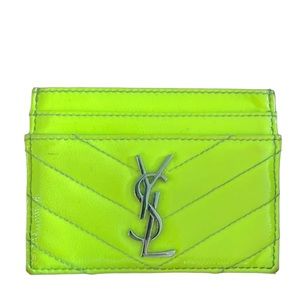 Authentic YSL Monogram Matelasse Leather Card Holder Neon Yellow